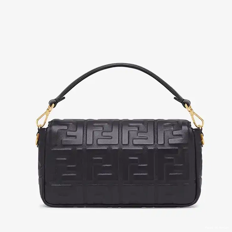 Affordable HOT Nappa Baguette Bag Motif In Leather Medium FF Fendi Black 0629